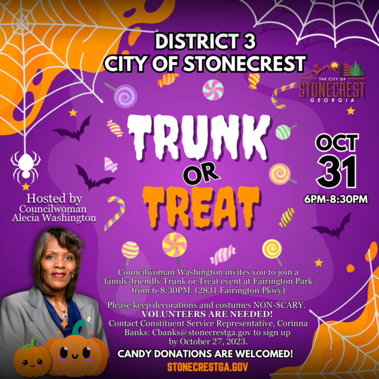 Stonecrest Councilmember to Host a Family-Friendly Trunk or Treat Event on Tuesday, October 31st, 2023, from 6PM - 8:30PM